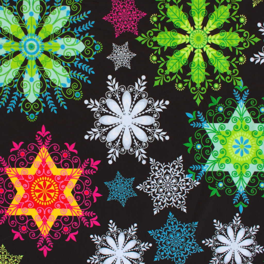 Neon Snowflakes holiday print minky fabric, texture