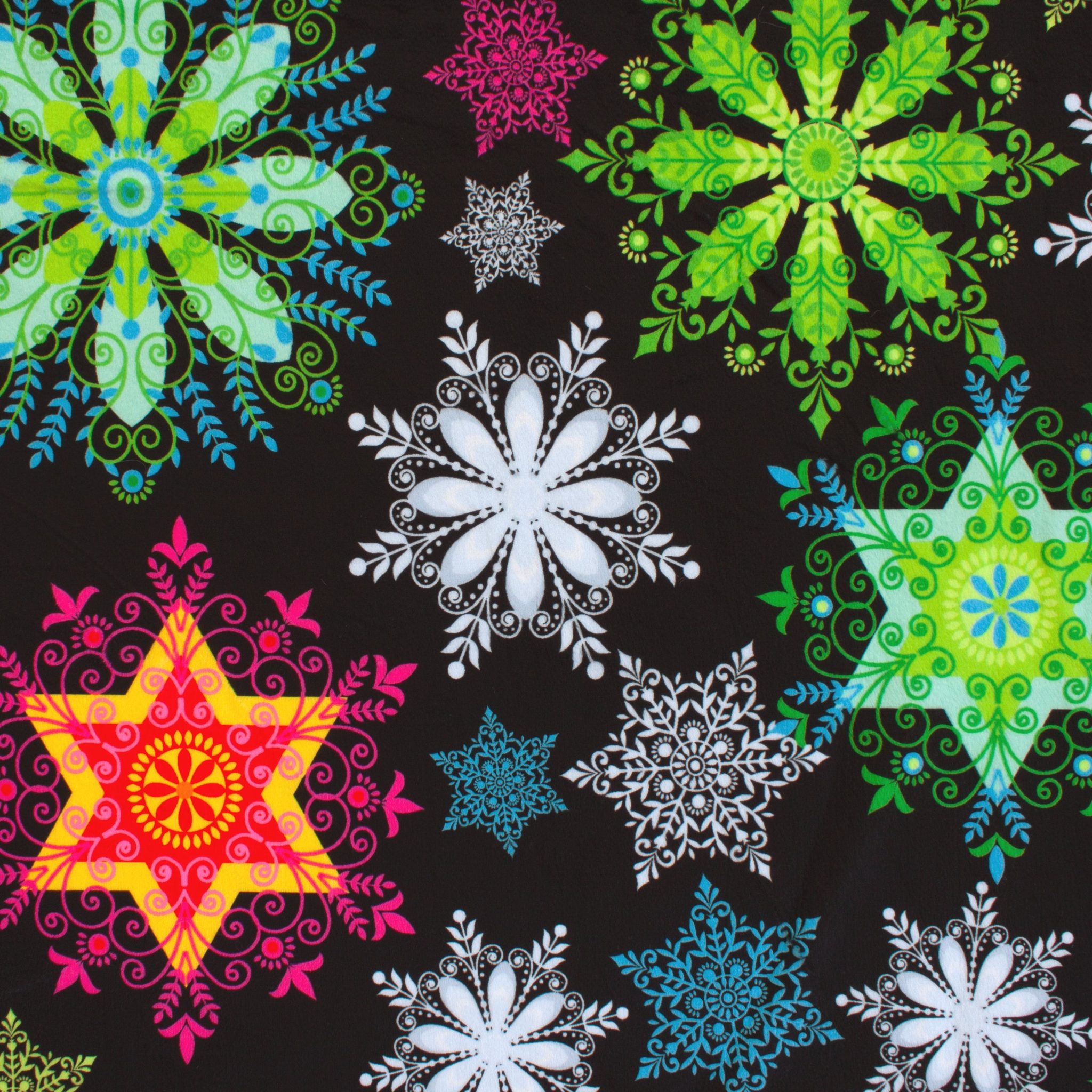 Neon Snowflakes holiday print minky fabric, texture
