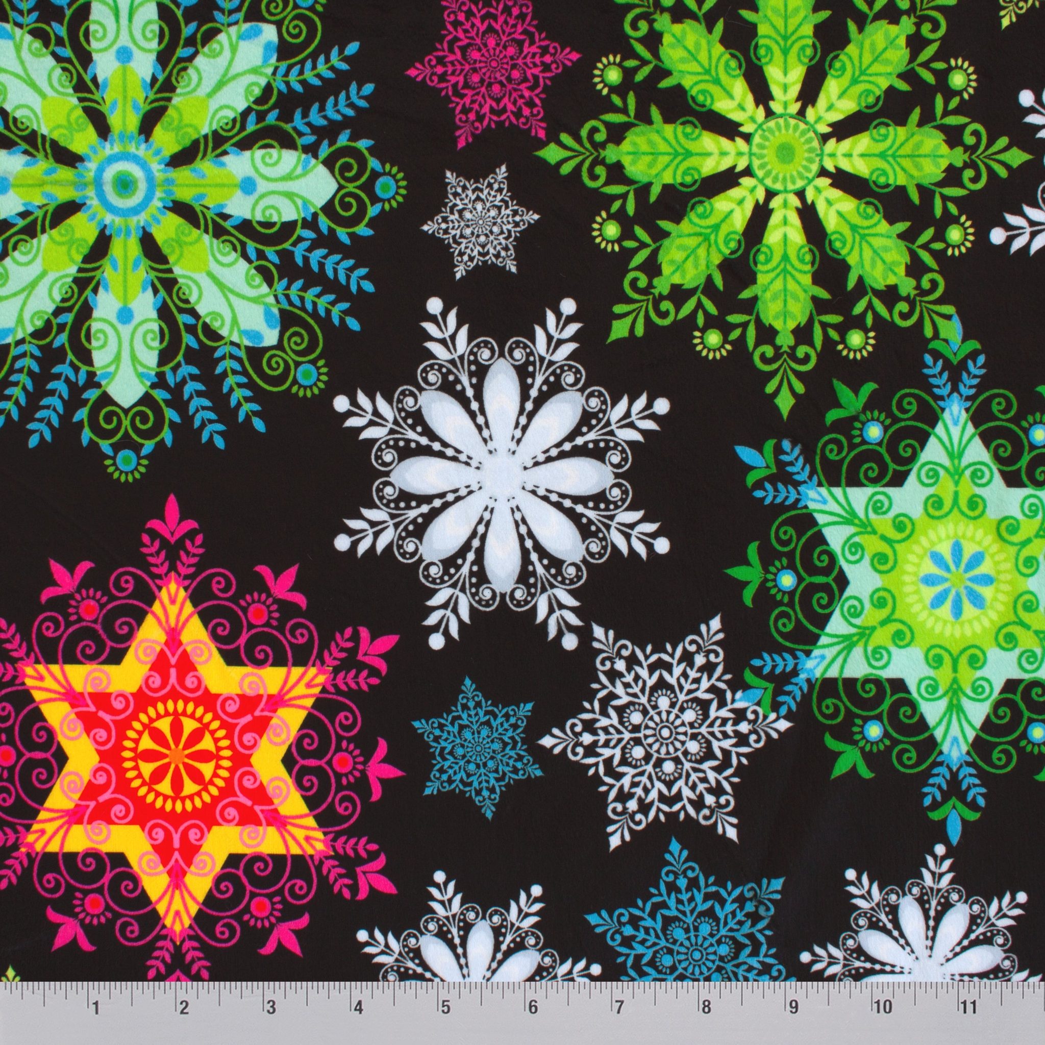 Neon Snowflakes holiday print minky fabric, edge
