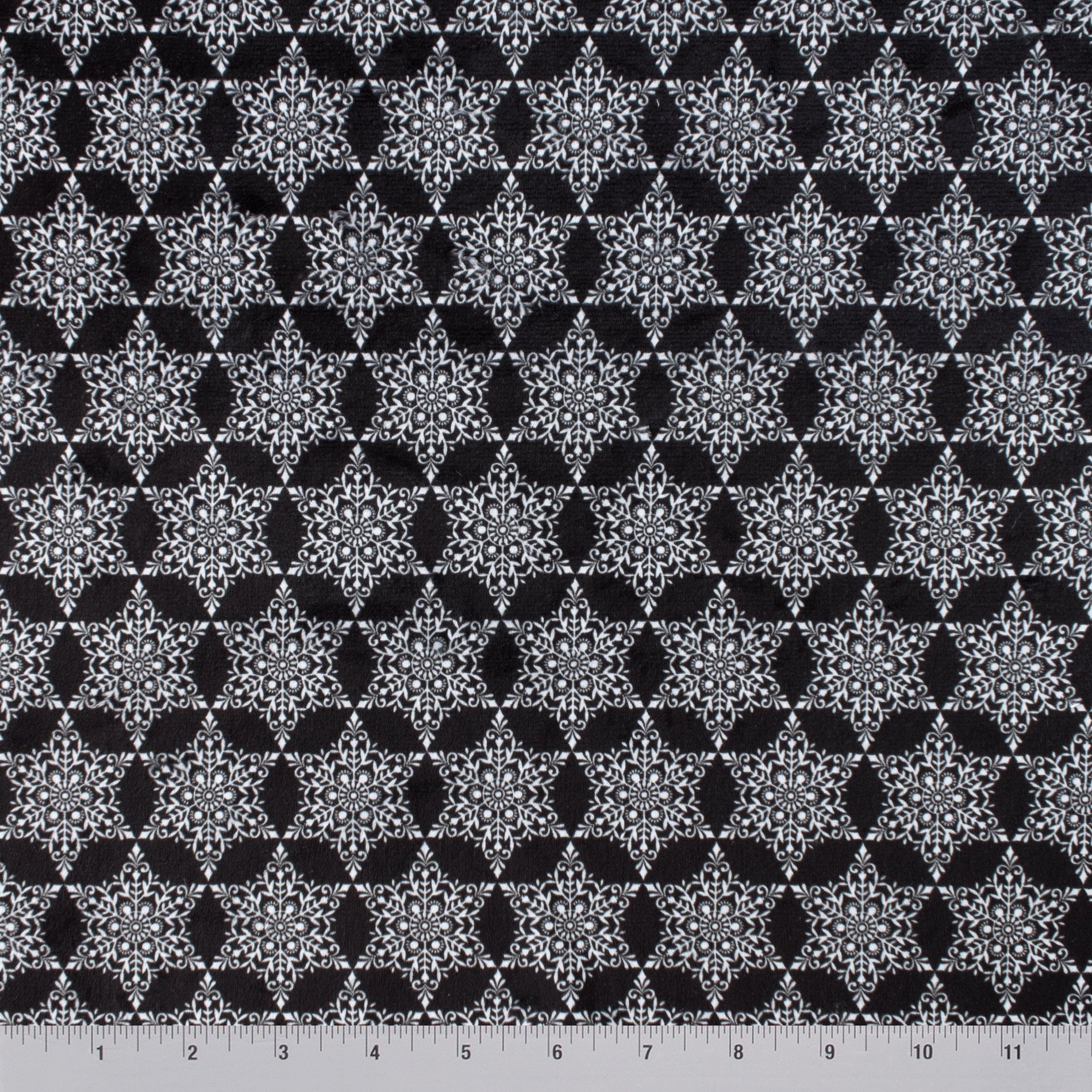 Snowflake Ditsy minky fabric, edge close-up