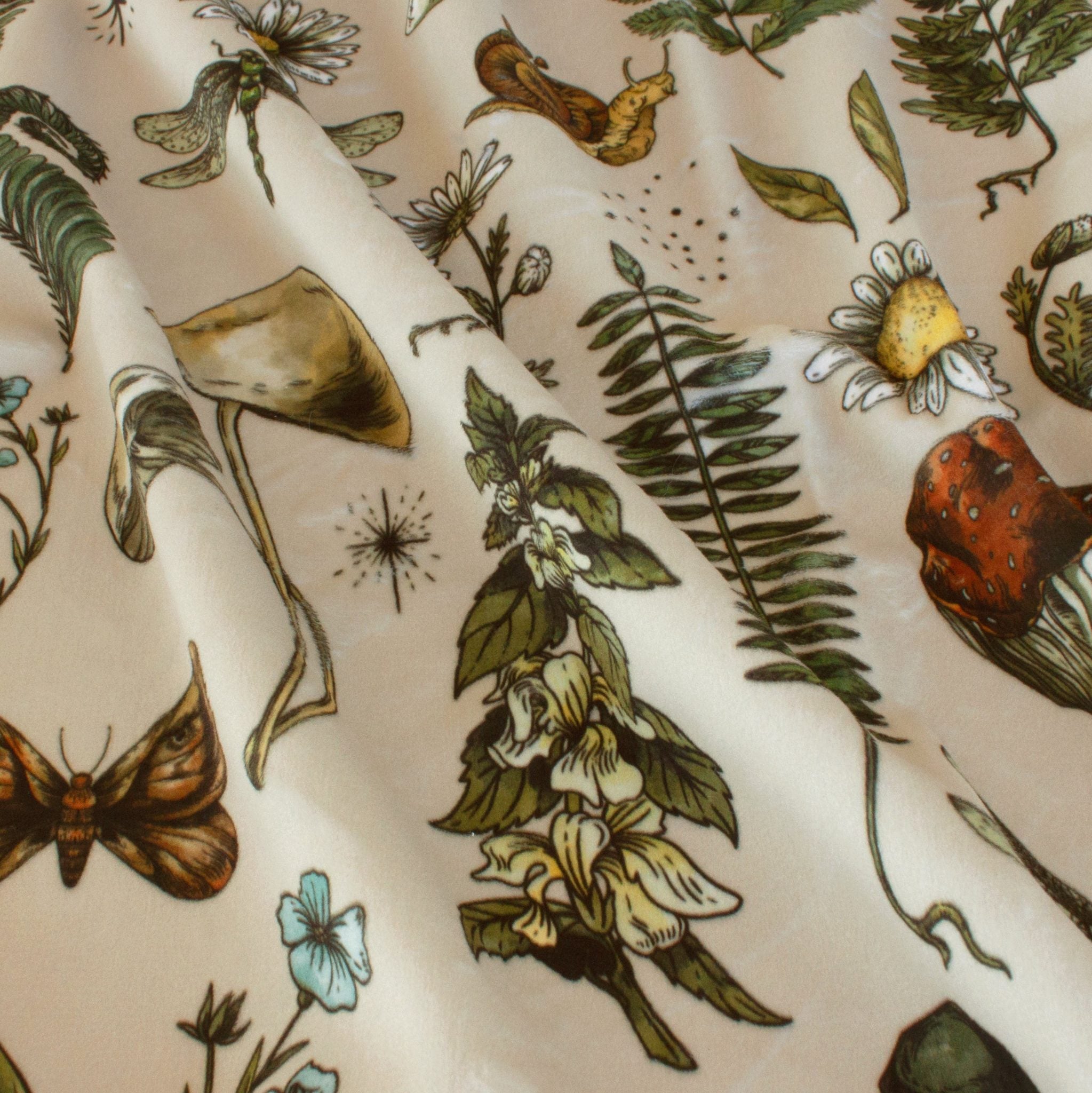 Woodland Mementos minky fabric, forest treasure detail