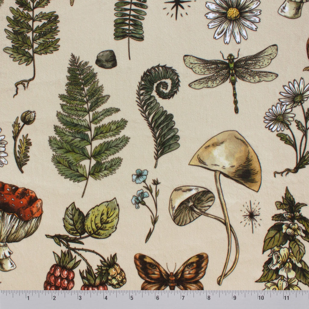 Woodland Mementos minky fabric, close-up of botanical print