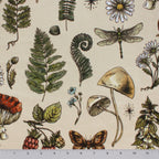 Woodland Mementos minky fabric, close-up of botanical print