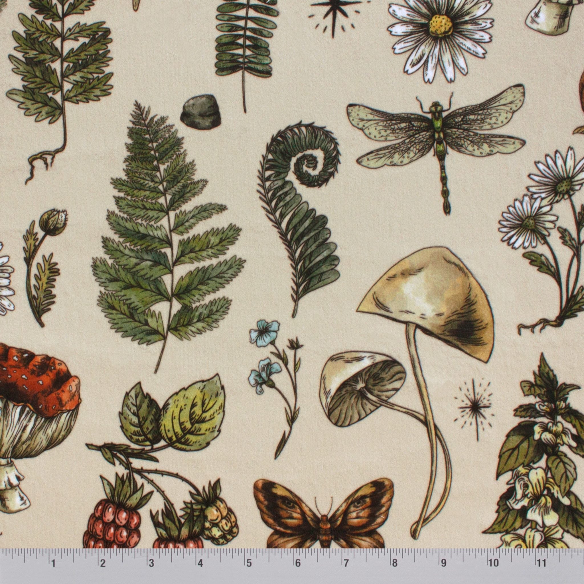 Woodland Mementos minky fabric, close-up of botanical print