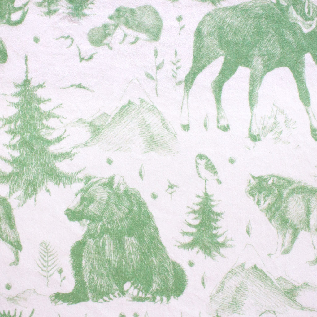 Rustic Mountain Toile sketched landscape minky fabric, swatch