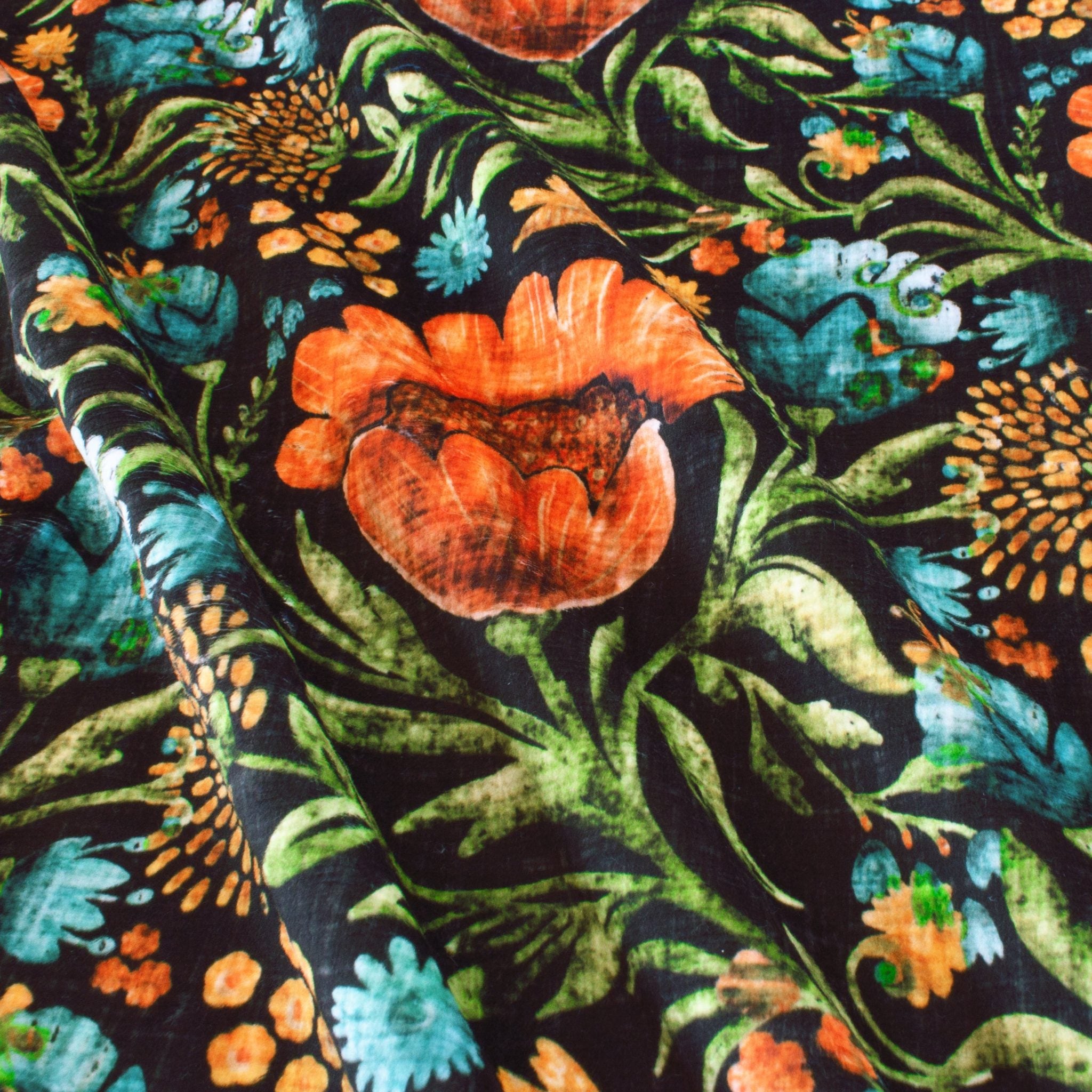 Scandinavian Linen Floral minky fabric, scrolling leaf detail