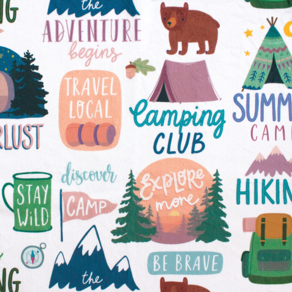 The Adventure Begins minky fabric, full swatch with critters and sayings