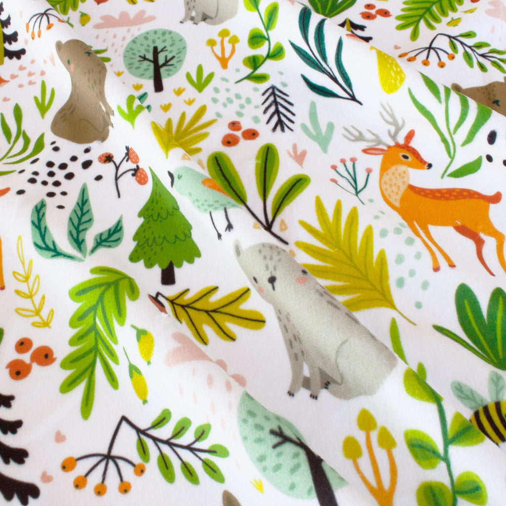Frolicking Forest Friends minky fabric, print close-up