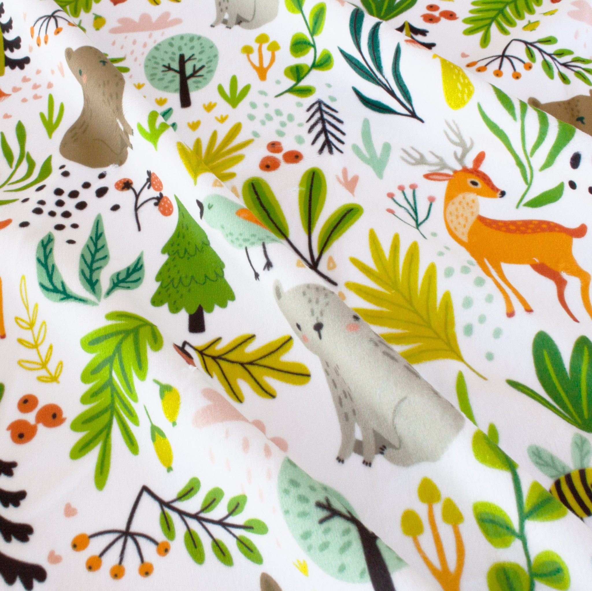 Frolicking Forest Friends minky fabric, print close-up
