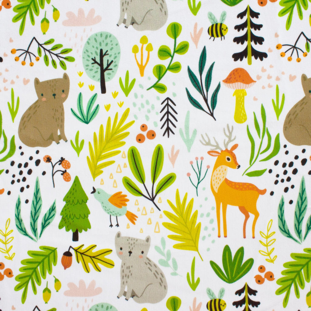 Frolicking Forest Friends woodland critter minky fabric, swatch