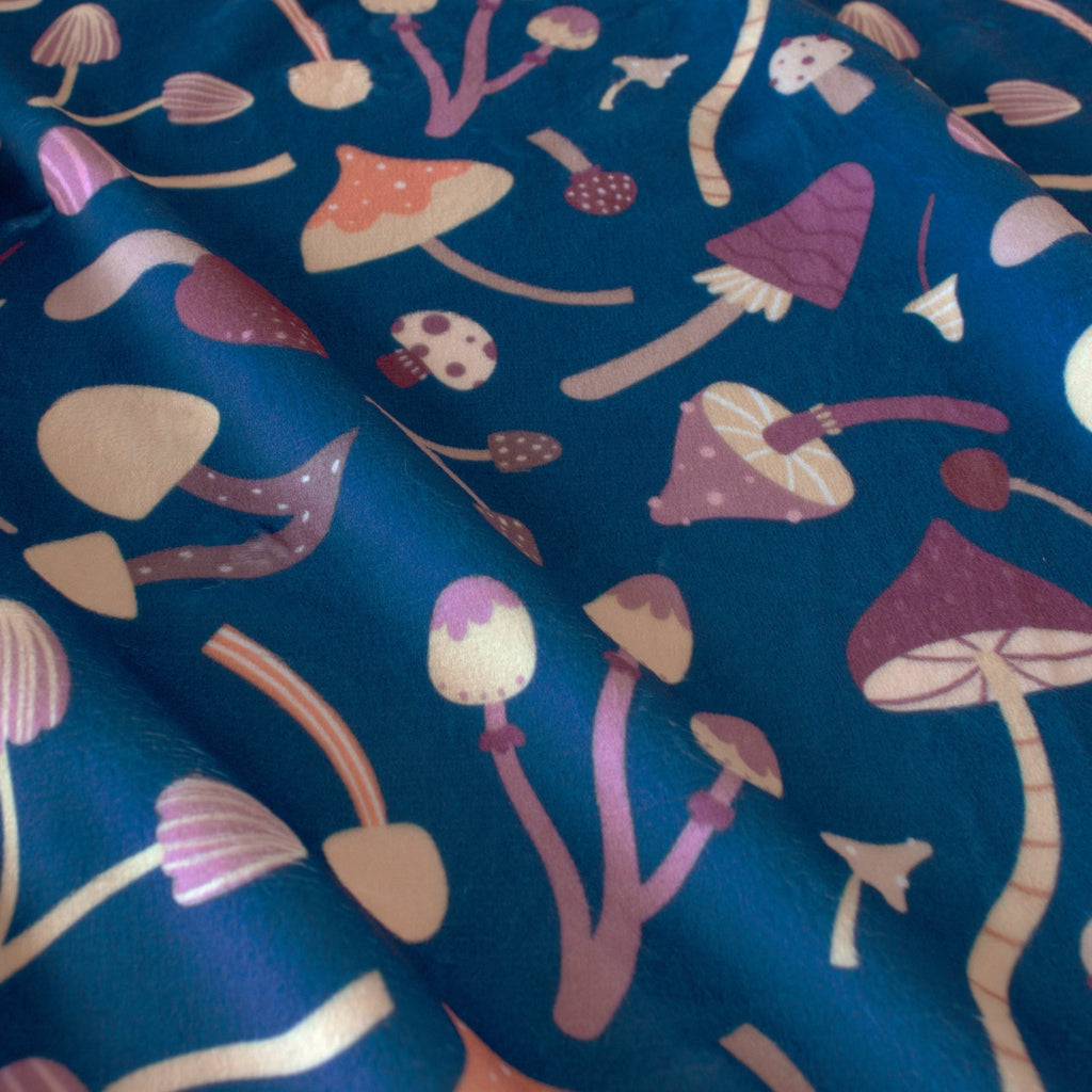 Mushroom Medley fungi print minky fabric, pattern detail