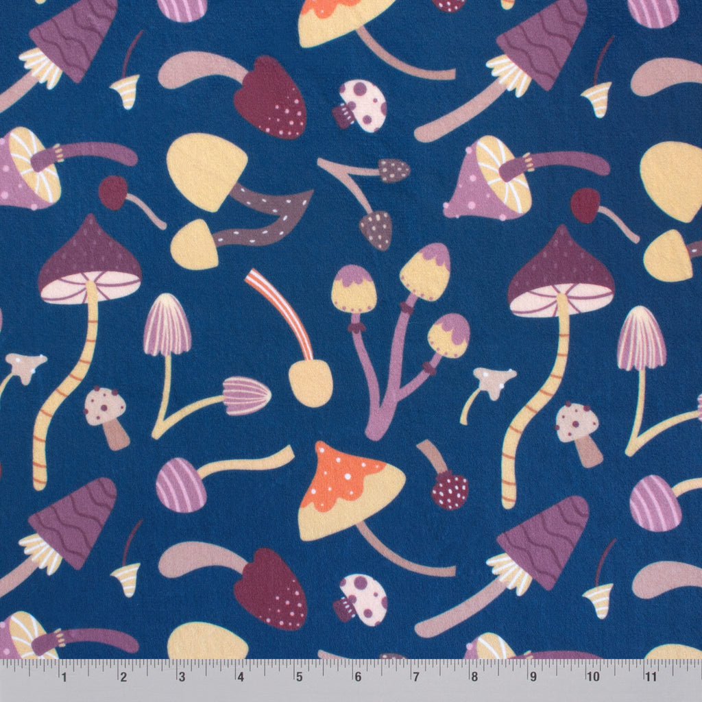 Mushroom Medley fungi print minky fabric, close-up