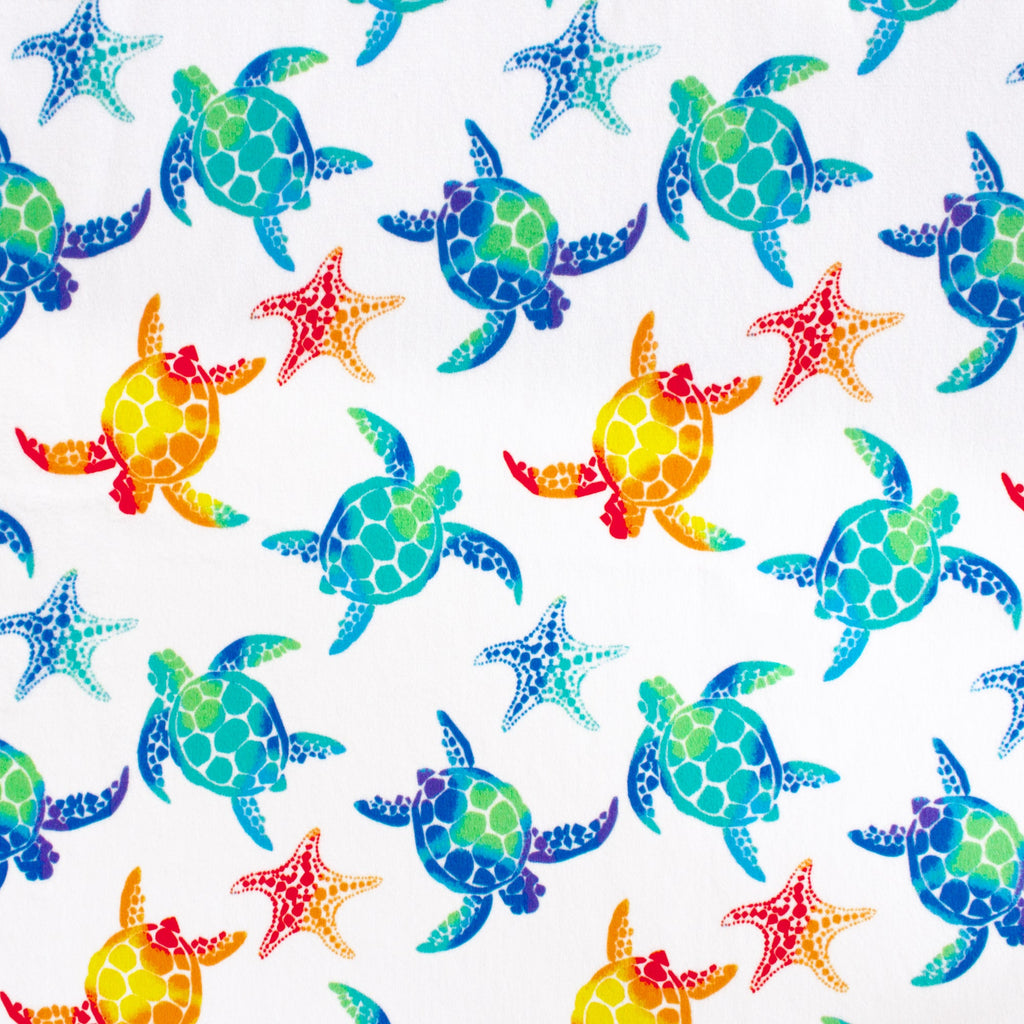 Small Sea Stars and Turtles minky fabric, fabric draped