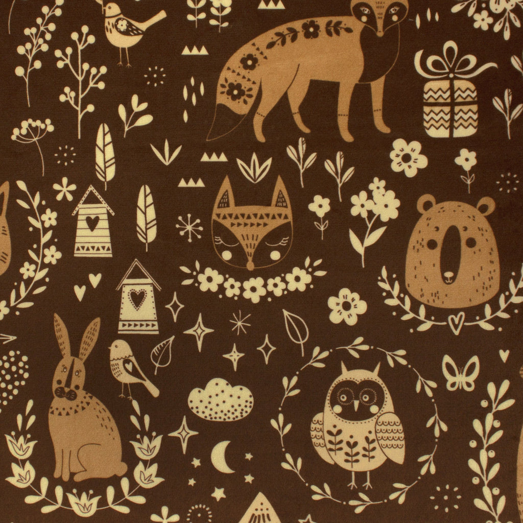 Folktale Friends storybook minky fabric, pattern detail