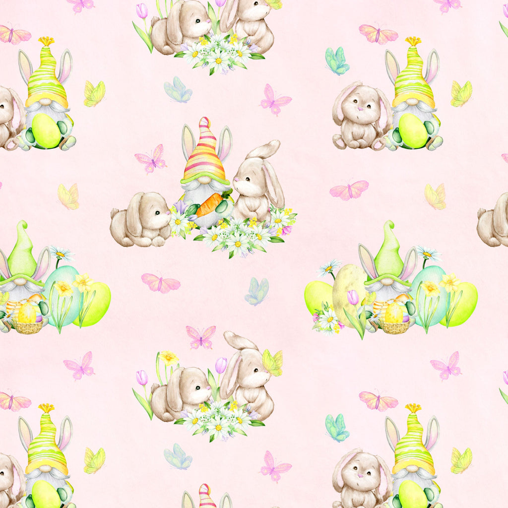 Easter Garden Gnomes minky fabric blue colorway