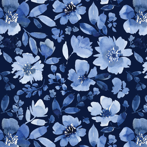 Classic Blue Floral navy watercolor minky fabric, swatch