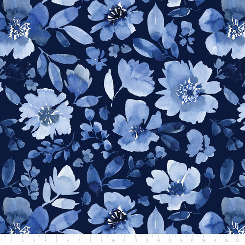 Classic Blue Floral minky print, close-up