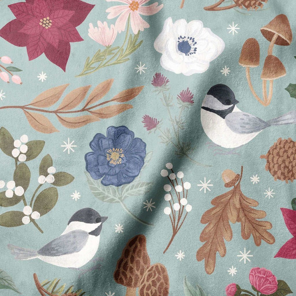 Winter Spirit holiday floral minky fabric, draped texture