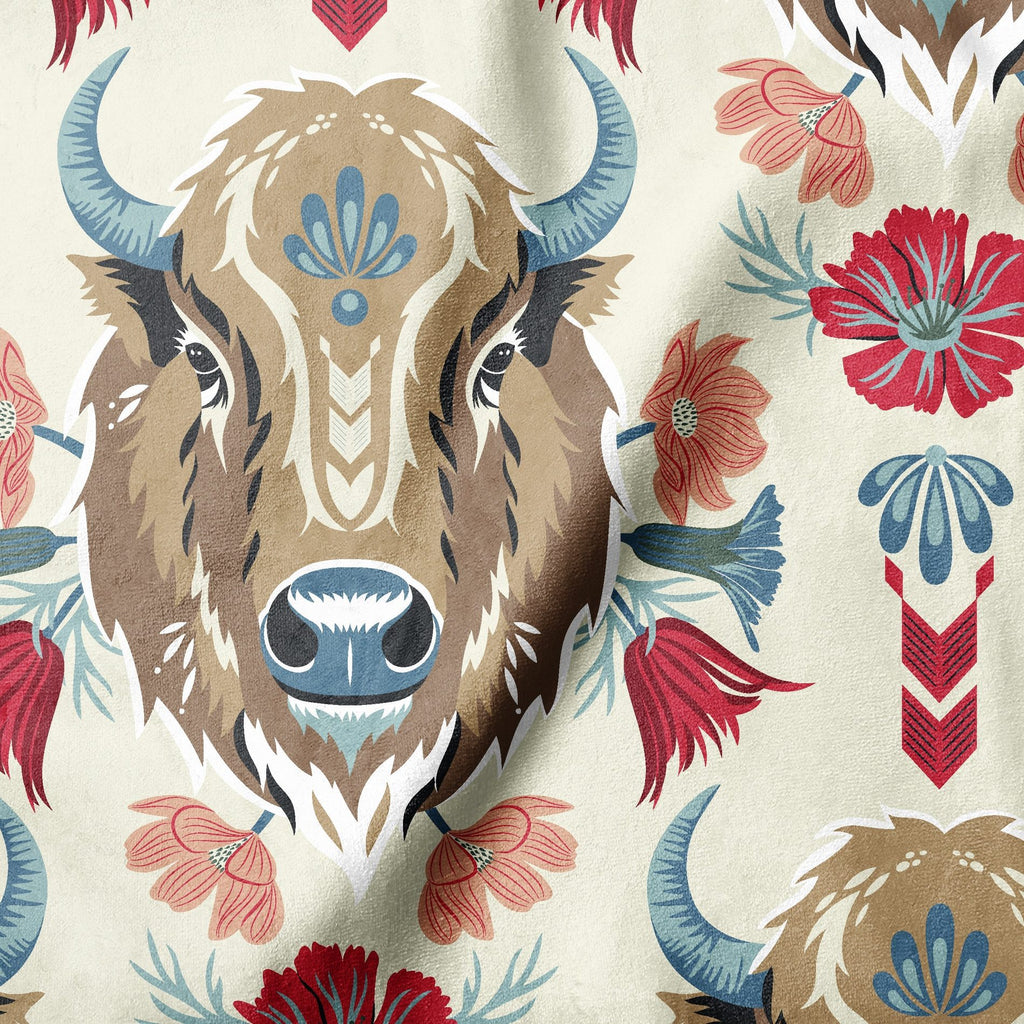 Bold beautiful bison floral minky fabric, print detail