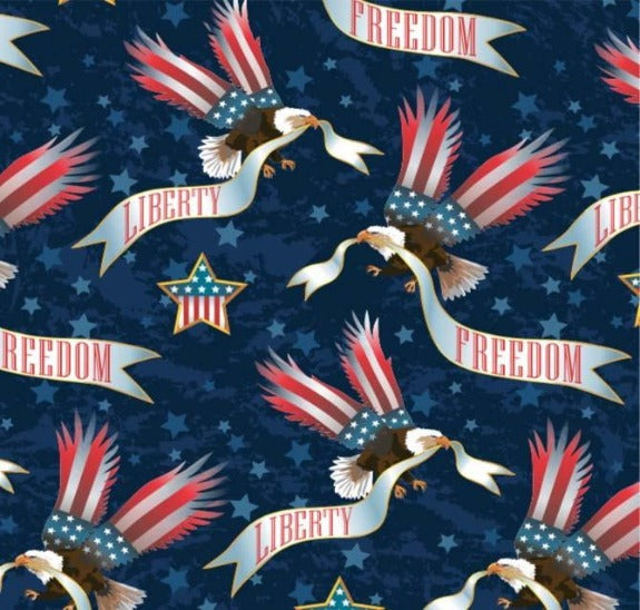 American Dream navy eagle and stars print minky fabric, swatch