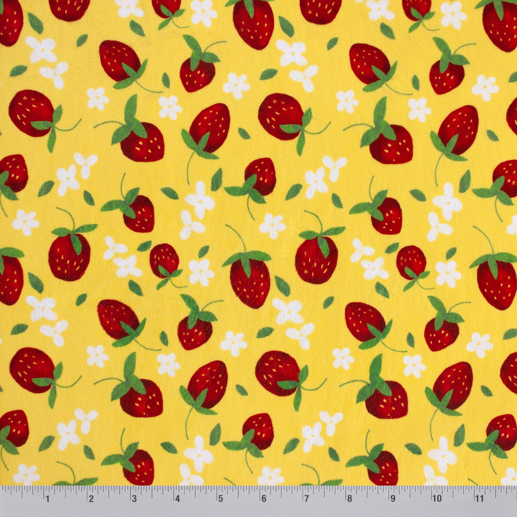 Strawberry-licious strawberry and blossom print minky fabric close-up