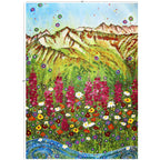 Fireweed Mountains minky fabric panel, close-up of landscape print