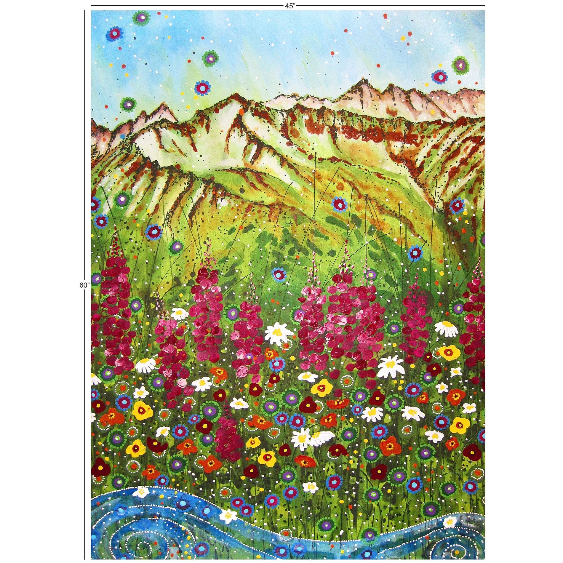 Fireweed Mountains minky fabric panel, close-up of landscape print