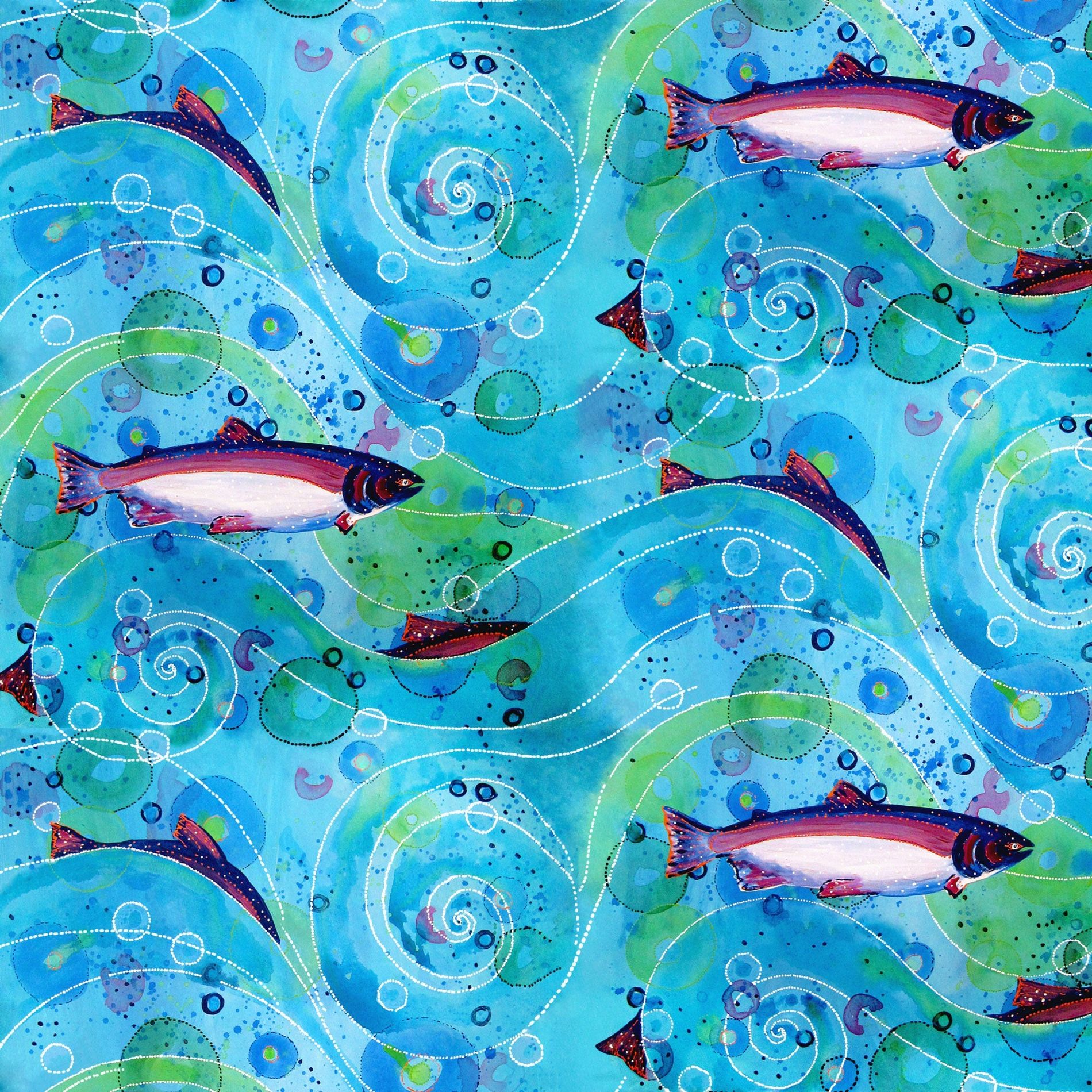 Salmon Herd watercolor river minky fabric, swatch