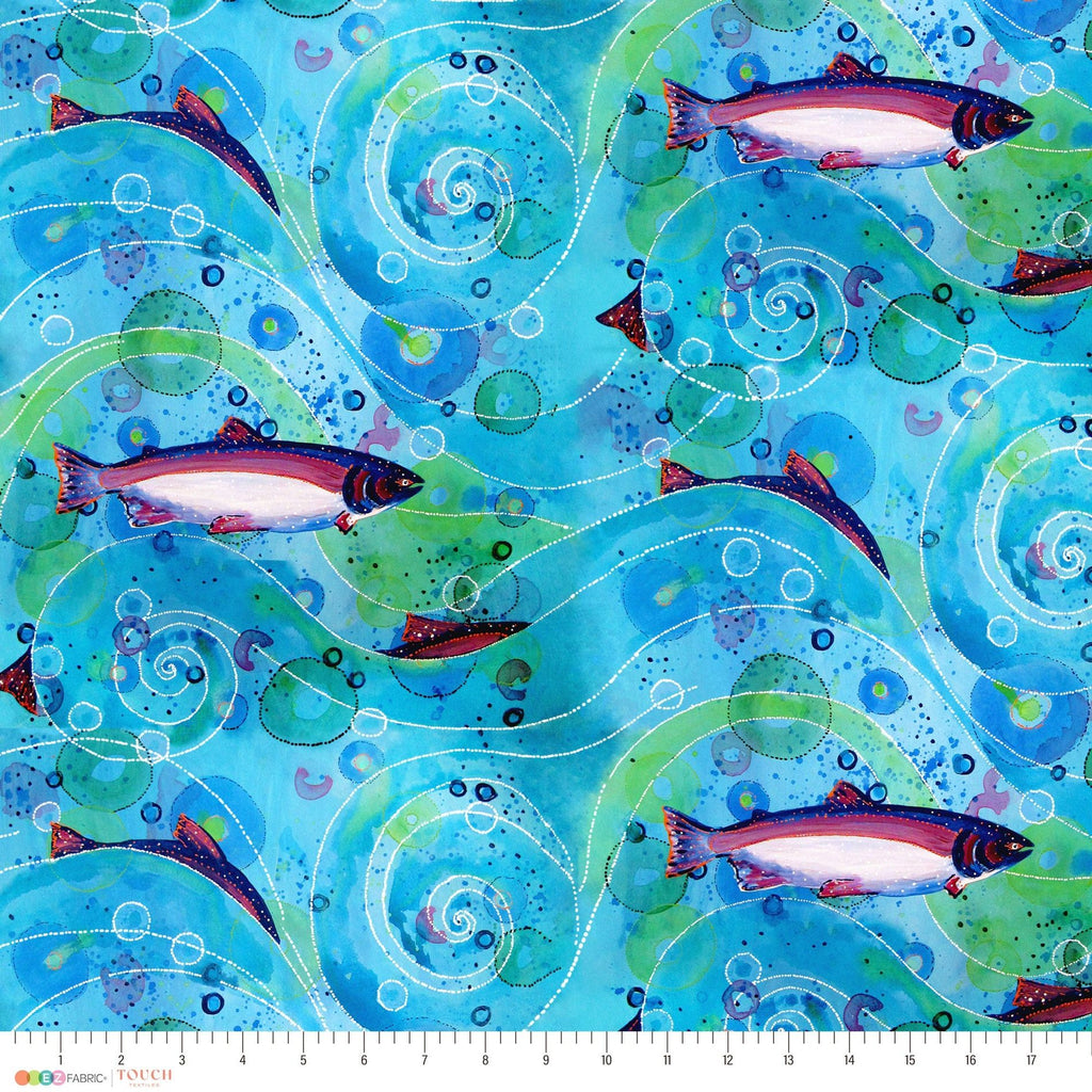 Salmon Herd minky fabric, print close-up