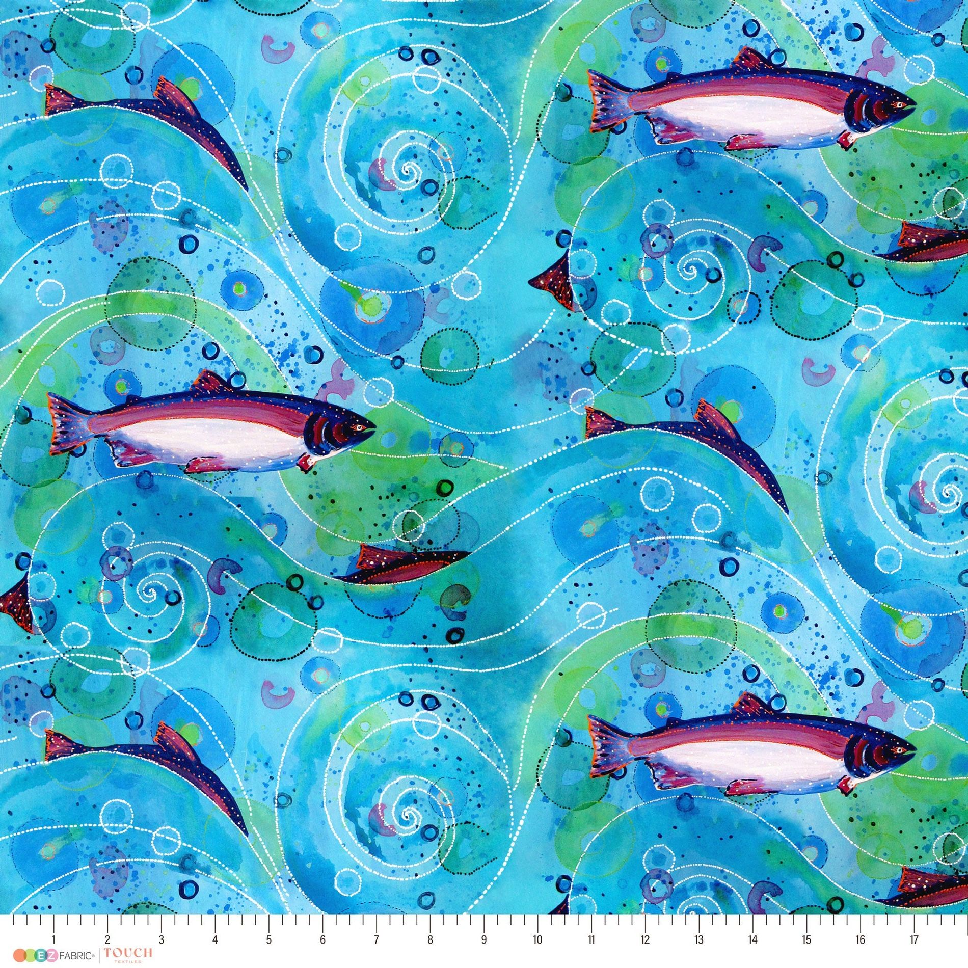 Salmon Herd minky fabric, print close-up