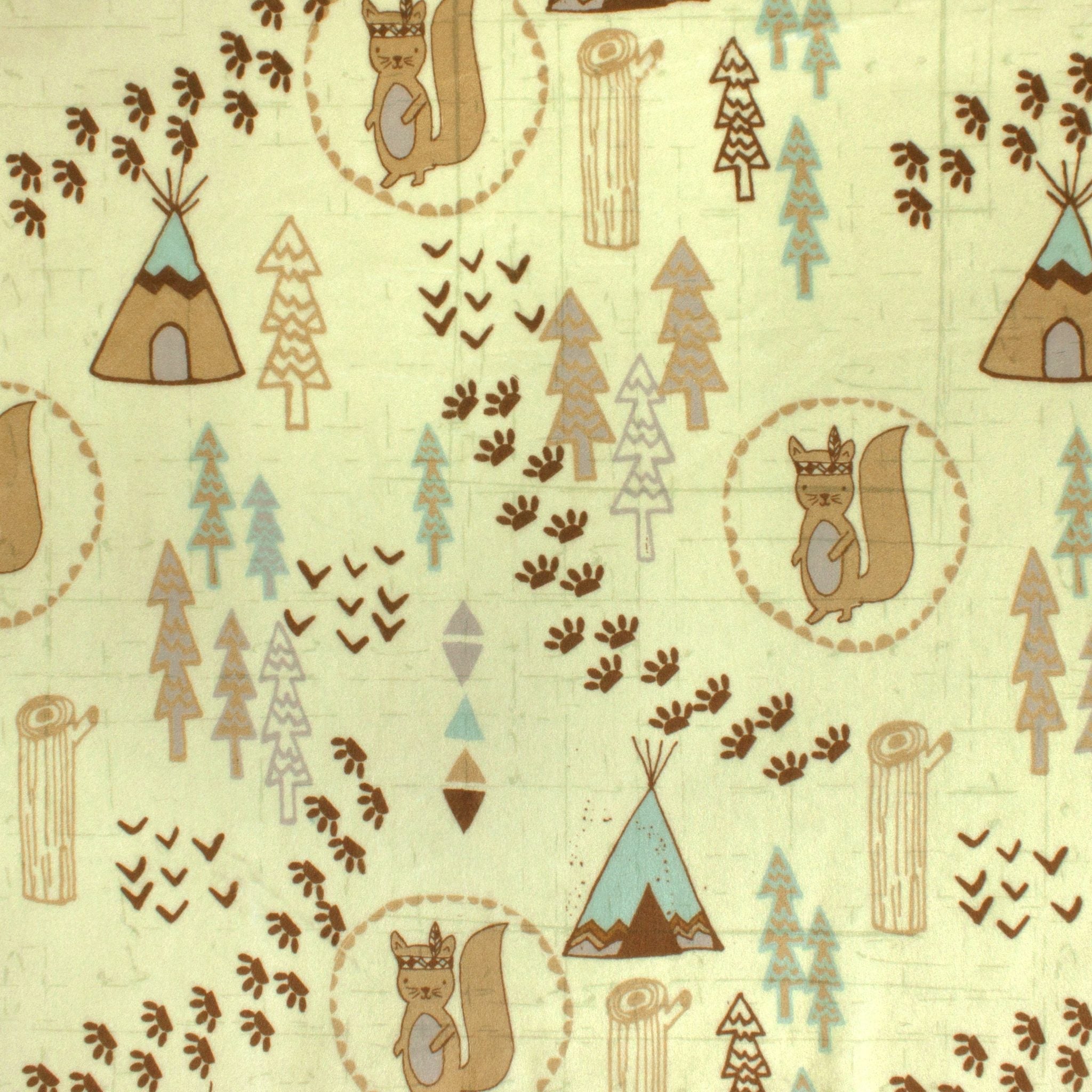 Pow Wow tents and squirrels minky fabric, swatch