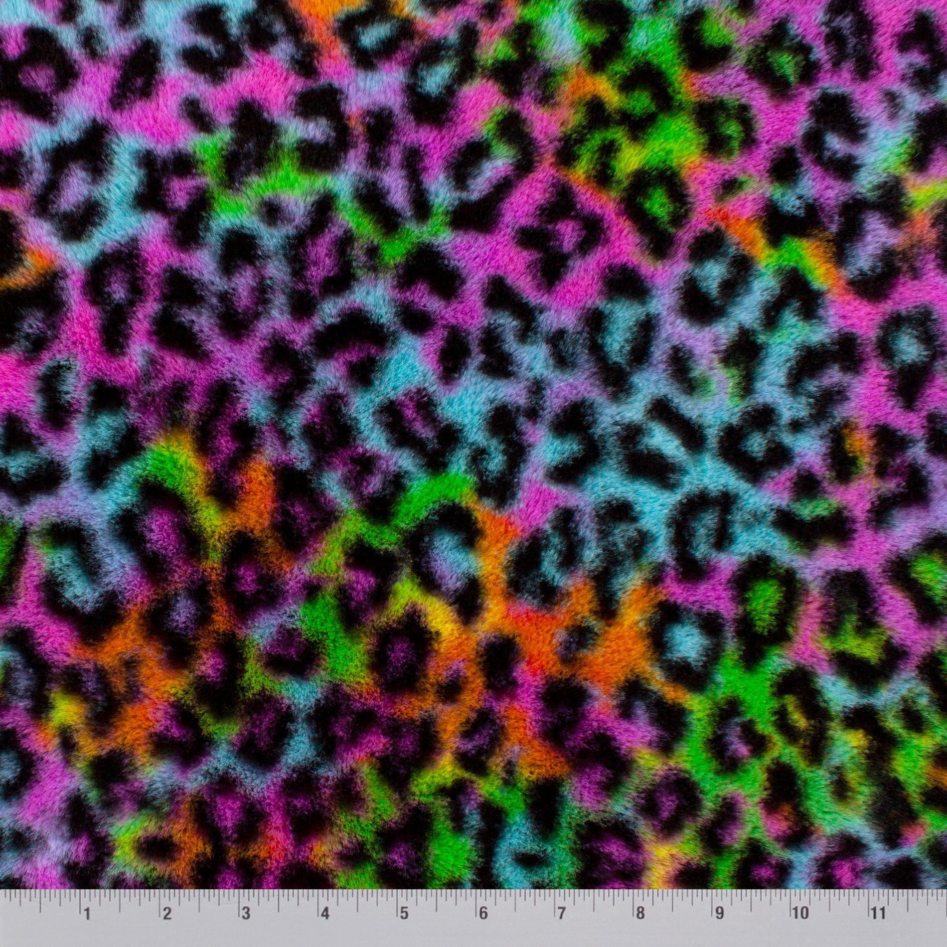 Party Animal snuggle minky fabric, close-up of neon leopard print