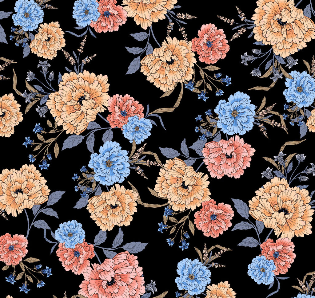 Carnation Floral Arrangement black minky fabric, swatch