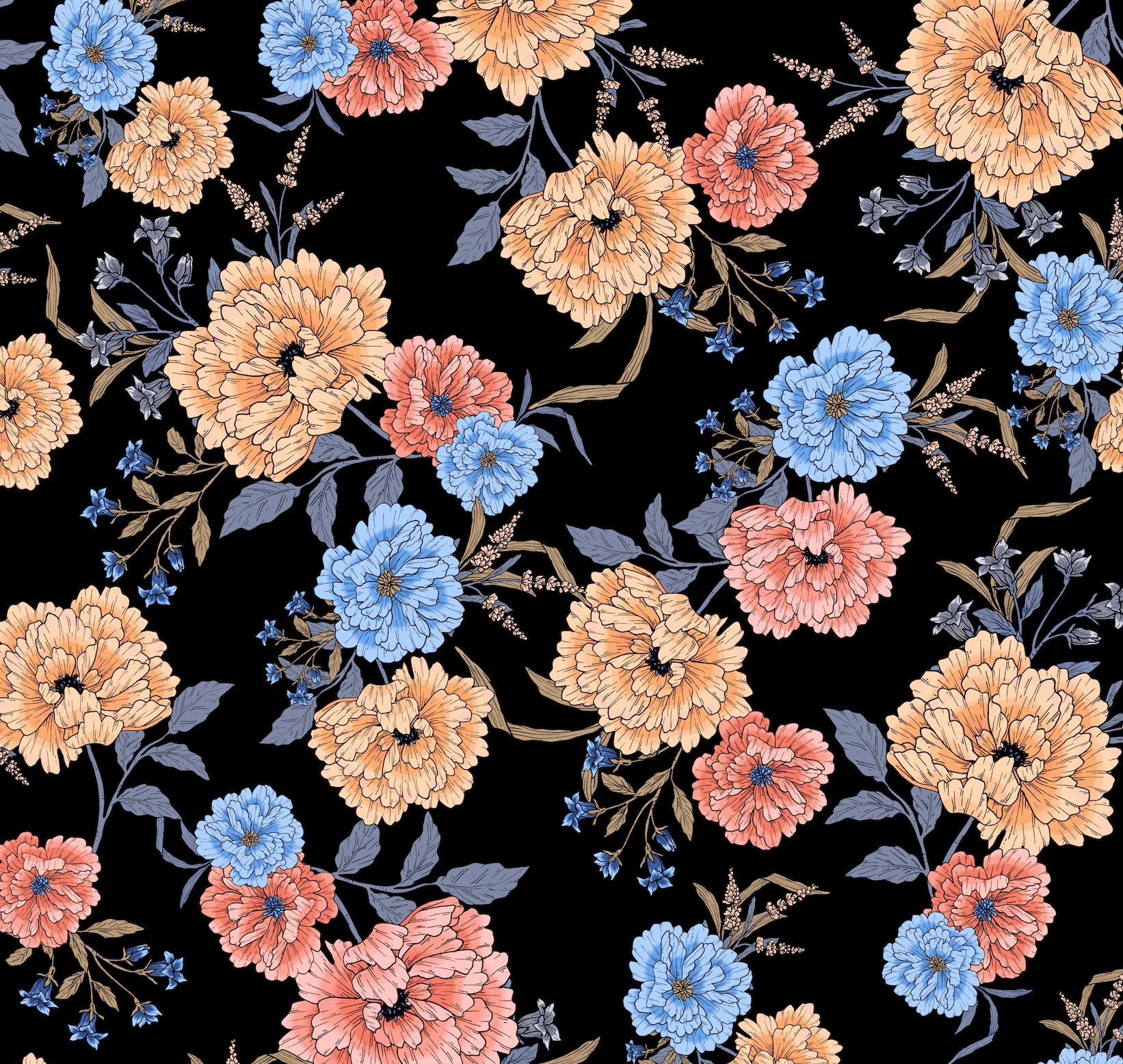 Carnation Floral Arrangement black minky fabric, swatch