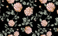 Pink Hydrangeas minky fabric, floral print on black, swatch