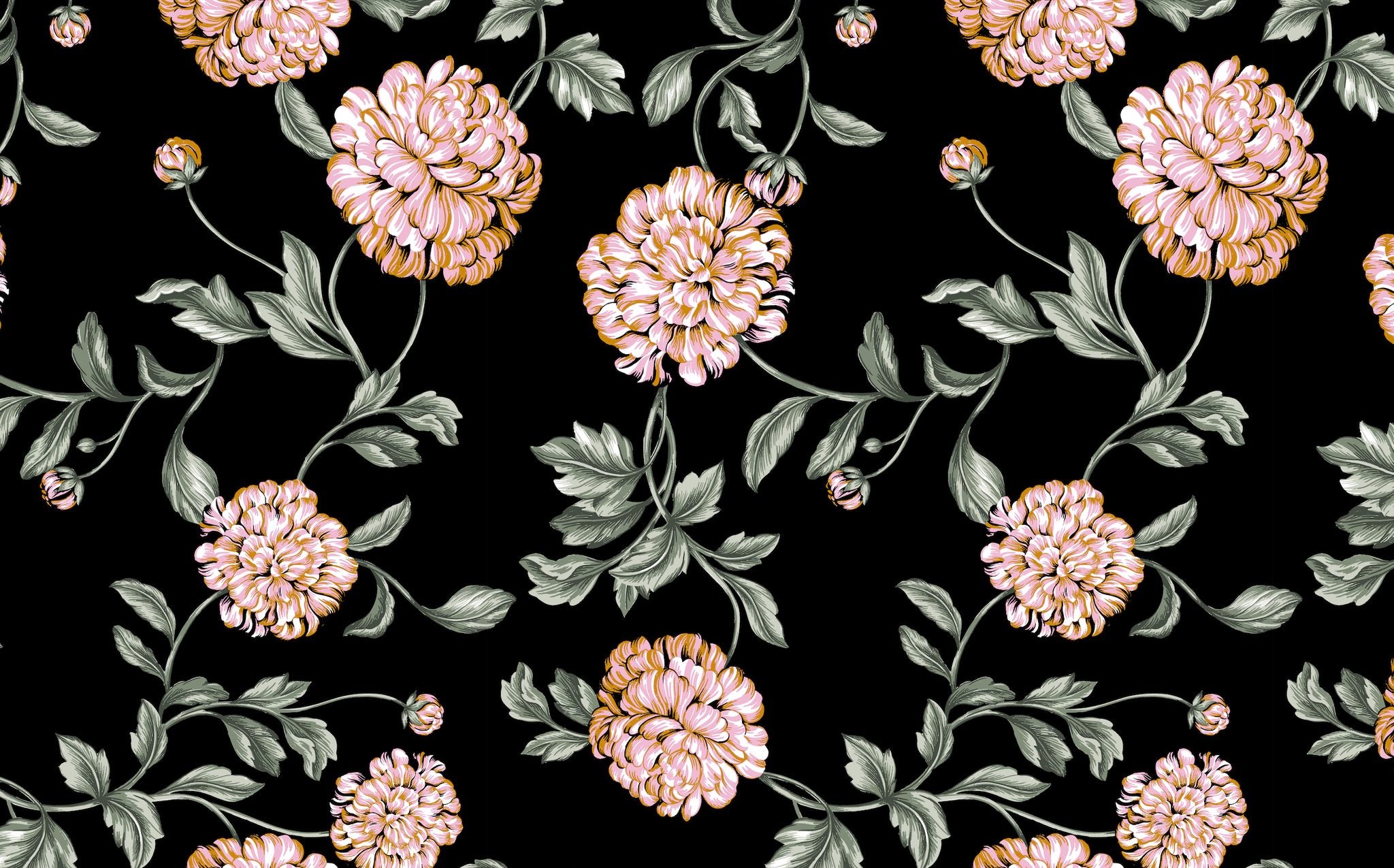 Pink Hydrangeas minky fabric, floral print on black, swatch