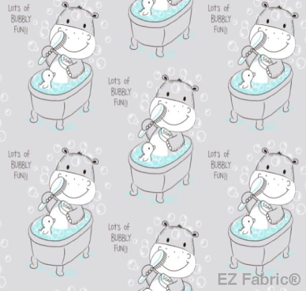 Happy Hippo Bath Gray minky fabric, close-up of print