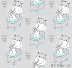 Happy Hippo Bath Gray minky fabric, close-up of print
