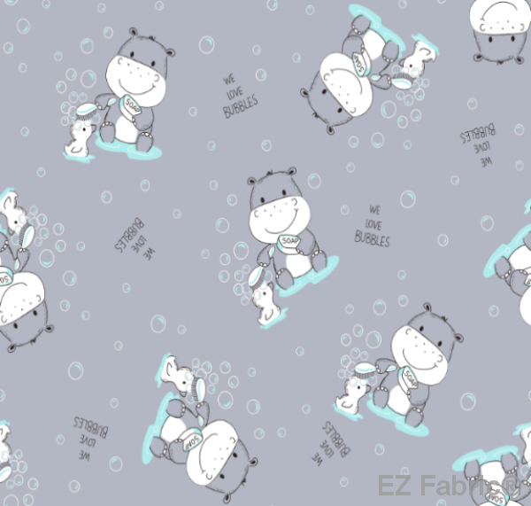 Scrub A Duck Gray minky fabric, close-up of print