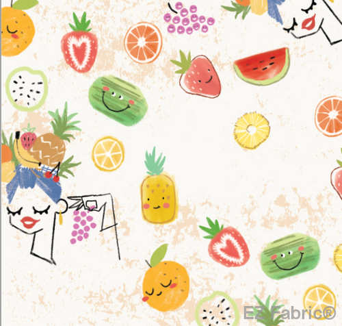 Carmen Miranda cream minky fabric, tropical fruit print swatch