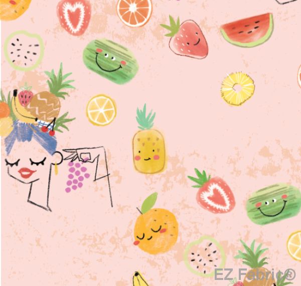 Carmen Miranda pink minky fabric, floral print close-up