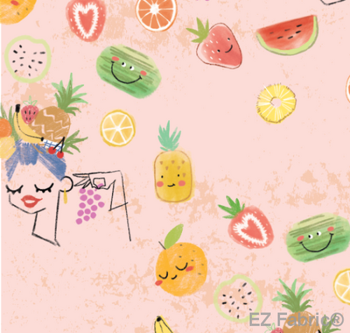 Carmen Miranda pink minky fabric, floral print close-up