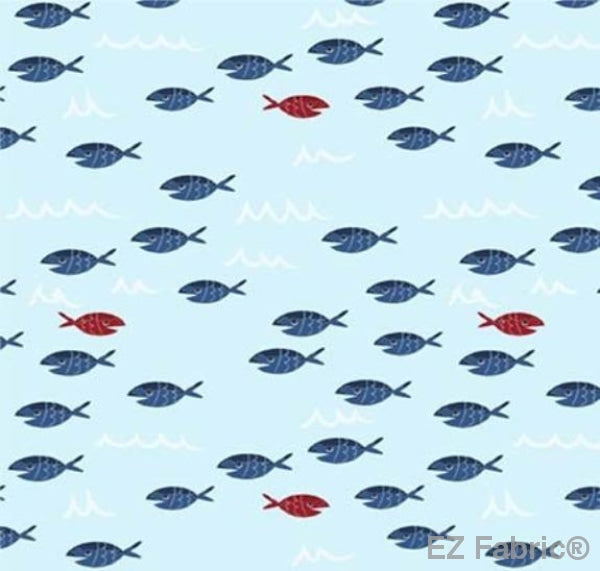 Fish Fiesta light blue minky fabric, swatch