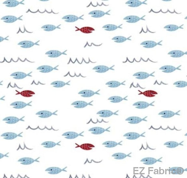Fish Fiesta white minky fabric, close-up