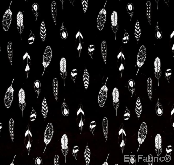 Feathers black print minky fabric, close-up