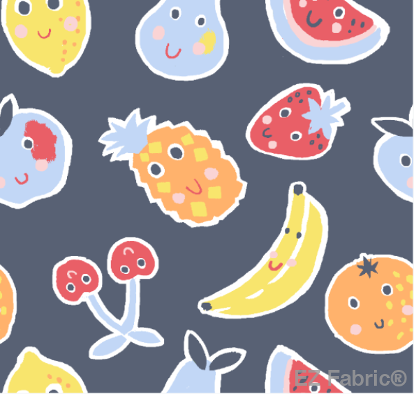 Juicy Summer Friends fruit juice splash navy print minky fabric, bolt