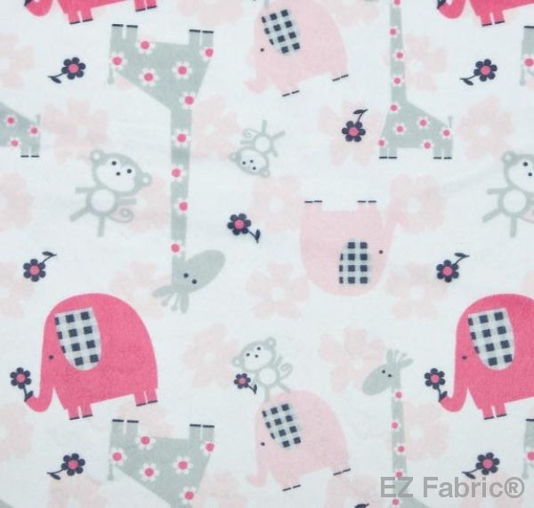 Jungle Dreams candy pink monkeys and giraffes print minky fabric, swatch