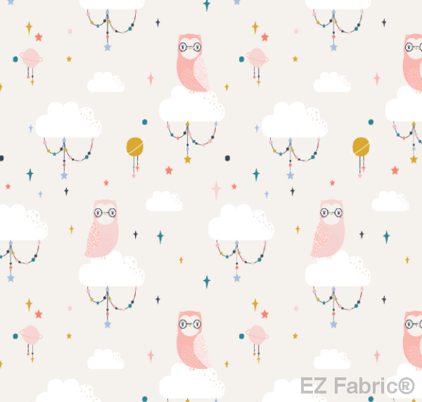 Lunar owls salmon minky fabric, swatch