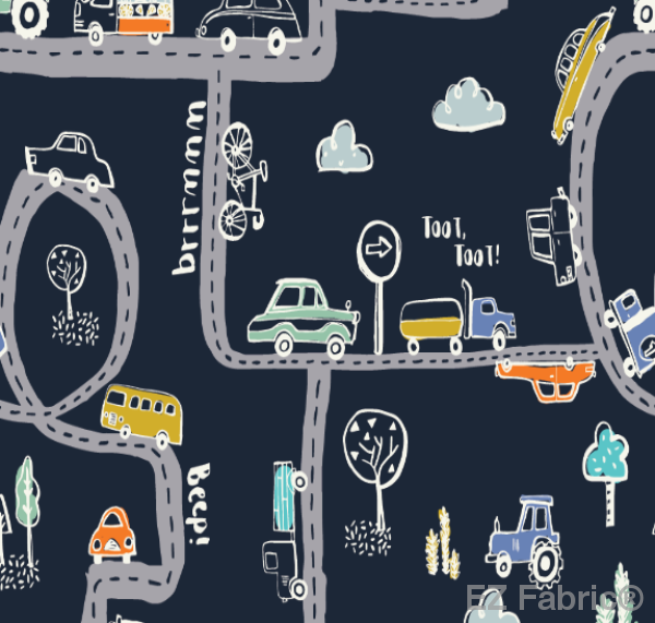 On The Road vehicles print minky fabric in Navy, close-up