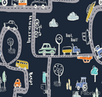 On The Road vehicles print minky fabric in Navy, close-up